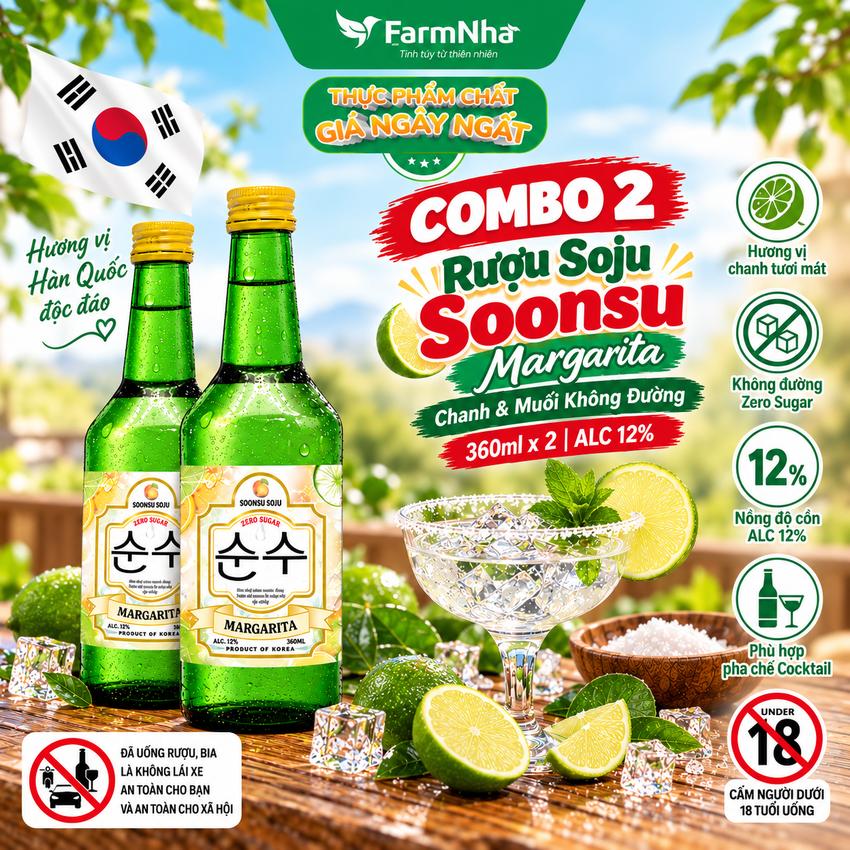 (Combo 2) Rượu Soju Soonsu Margarita Zero Sugar 360ml ALC 12% – Hương Vị Margarita Tươi Mát Không Đường từ Hàn Quốc