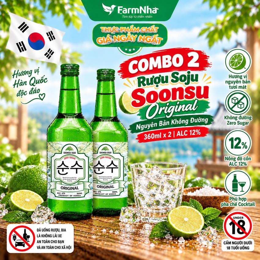 (Combo 2) Rượu Soju Soonsu Original Zero Sugar 360ml ALC 12% – Soju Truyền Thống Cao Cấp từ Hàn Quốc