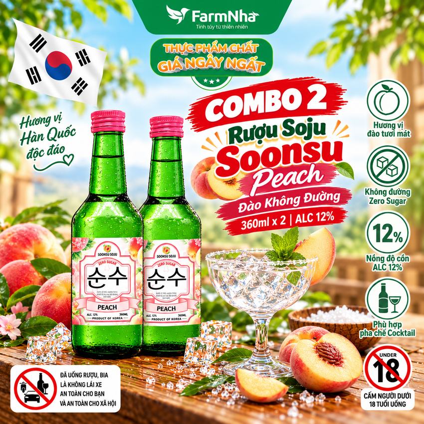 (Combo 2) Rượu Soju Soonsu Peach Zero Sugar 360ml ALC 12%– Rượu Soju Đào Không Đường Cao Cấp Từ Hàn Quốc
