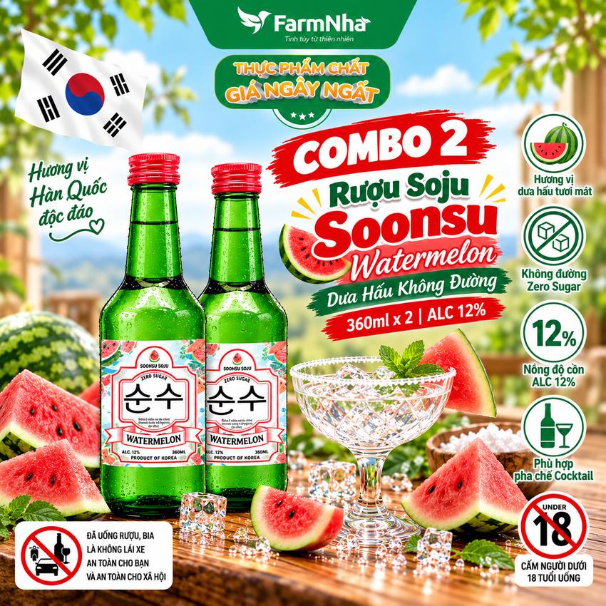 (Combo 2) Rượu Soju Soonsu Watermelon Zero Sugar 360ml ALC 12% – Soju Hương Dưa Hấu Không Đường Cao Cấp Từ Hàn Quốc