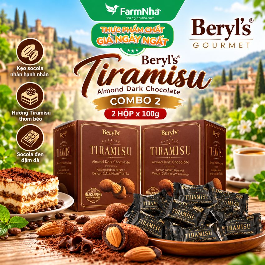 (Combo 2) Socola Tiramisu Almond Dark Chocolate 100g Beryls - Socola đen ngon hấp dẫn với bột phô mai Ý mascarpone