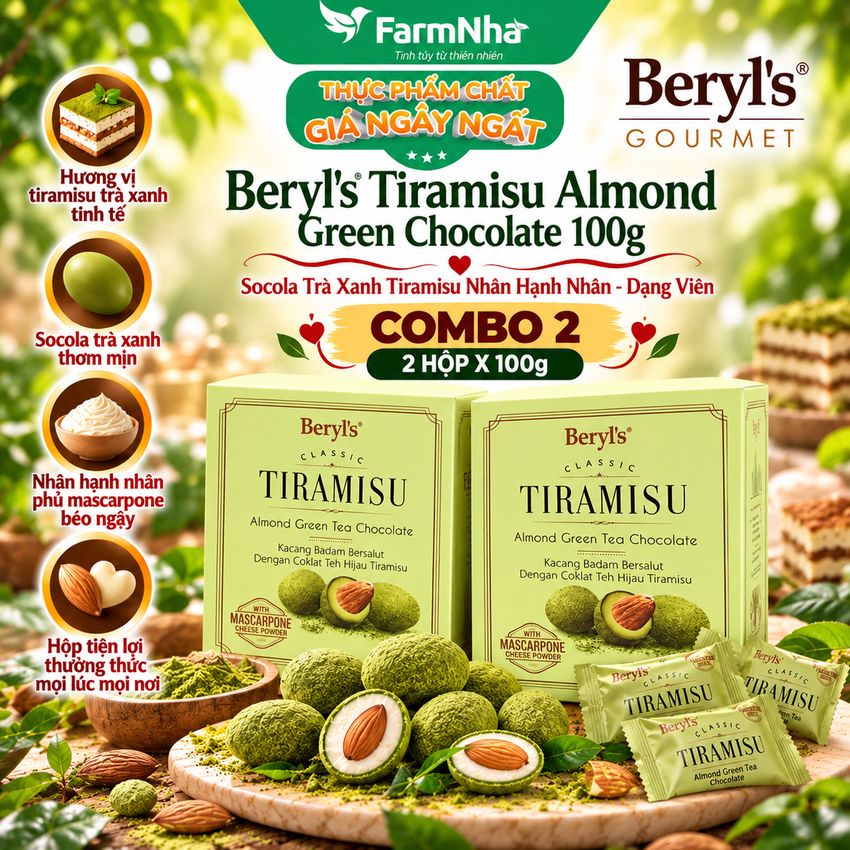 (Combo 2) Socola Beryls Tiramisu Almond Green Tea Chocolate 100g - Socola hạnh nhân trà xanh hấp dẫn với bột phô mai Mascarpone Ý