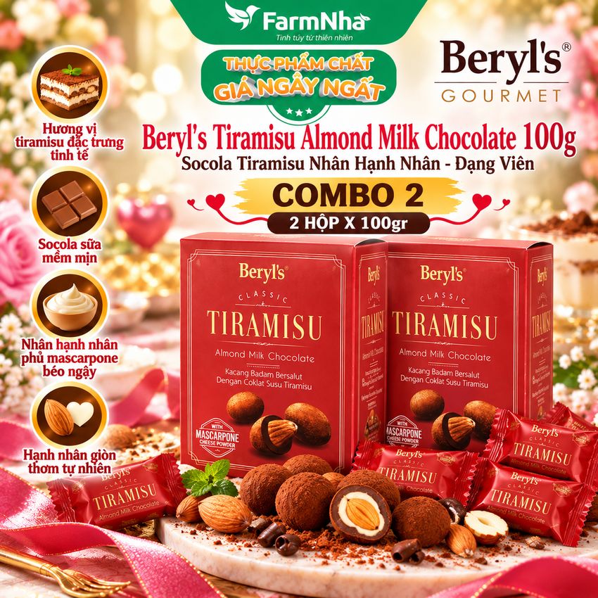 (Combo 2) Socola Beryls Tiramisu Almond Milk Chocolate 100g - Socola sữa hạnh nhân hấp dẫn với bột phô mai mascarpone Ý