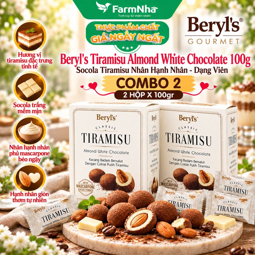 (Combo 2) Socola Beryls Tiramisu Almond White Chocolate 100g - Socola truyền thống hấp dẫn với bột phô mai kem Ý mascarpone