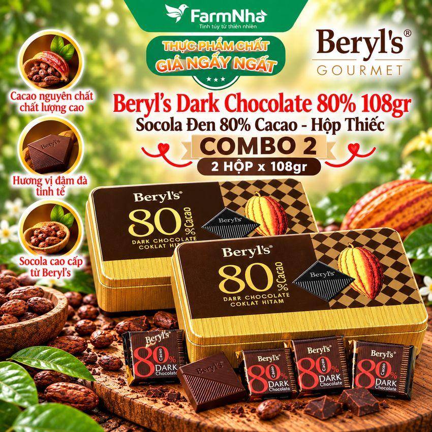 (Combo 2) Socola Beryls 80% Dark Chocolate 108g | Cacao Nguyên Chất, Vị Đắng Tinh Tế