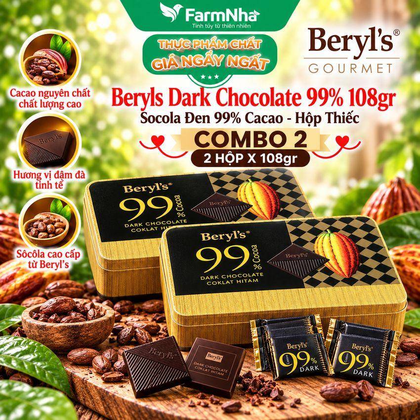 (Combo 2) Socola Beryls 99% Dark Chocolate 108g | Cacao Nguyên Chất, Vị Đắng Tinh Tế