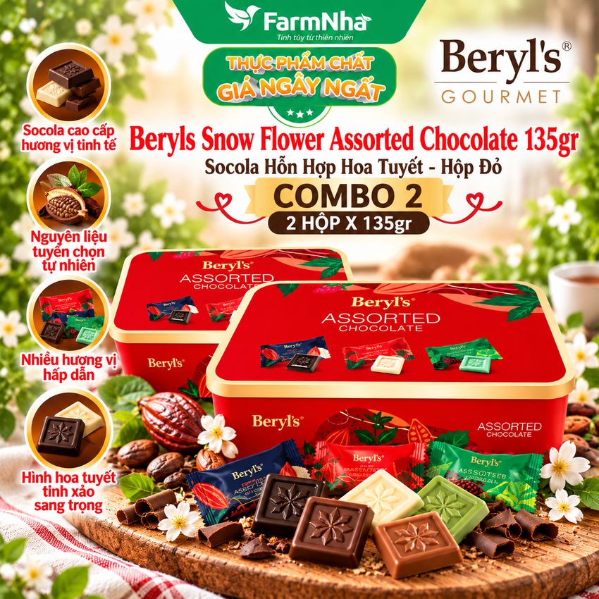 (Combo 2) Socola Beryls Snow Flower Assorted 135g Hộp Thiếc Đỏ - Sang Trọng, Trao Gửi Ngọt Ngào Mùa Lễ Hội