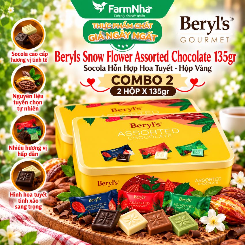 (Combo 2) Socola Beryls Snow Flower Assorted 135g Hộp Thiếc Vàng - Trao Gửi Ngọt Ngào & Sang Trọng