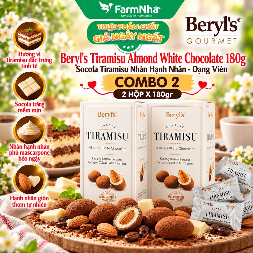 (Combo 2) Socola Beryls Tiramisu Almond White Chocolate 180g - Socola Trắng và Hạnh Nhân Béo Ngậy