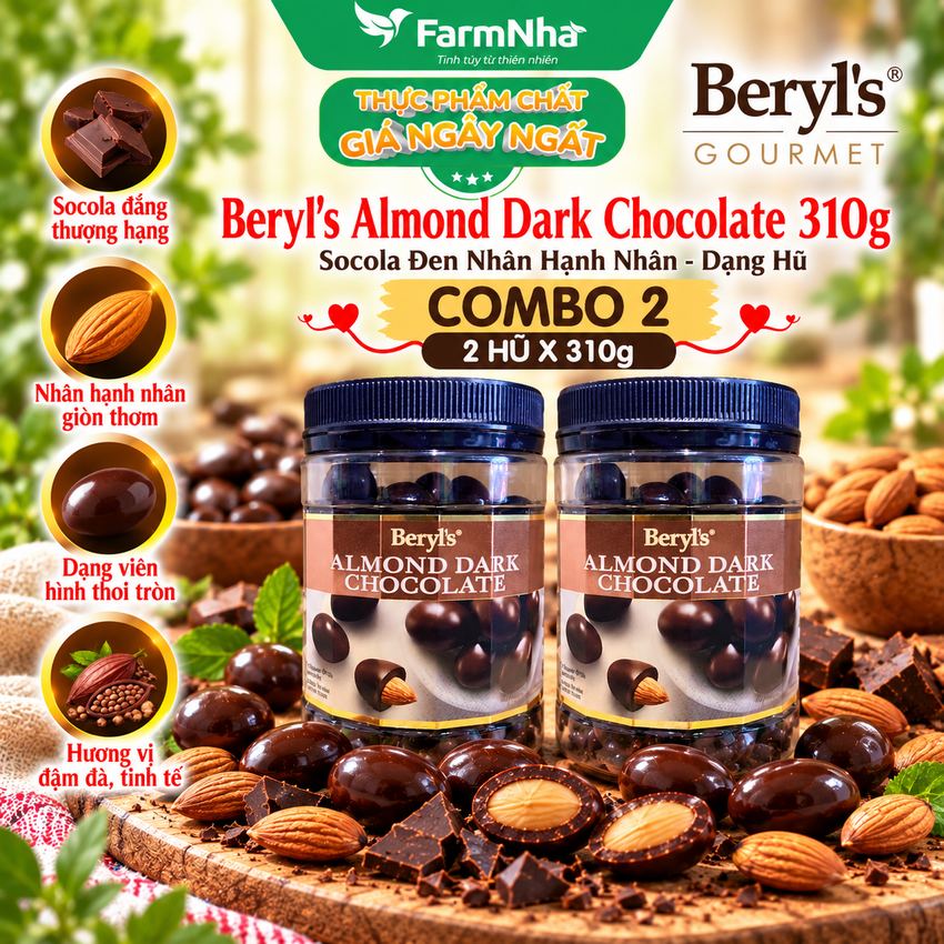 (Combo 2) Socola Beryls Almond Dark Chocolate 310gr - Sôcôla Đen Hảo Hạng và Hạnh Nhân Giòn Ngon Thơm Lừng