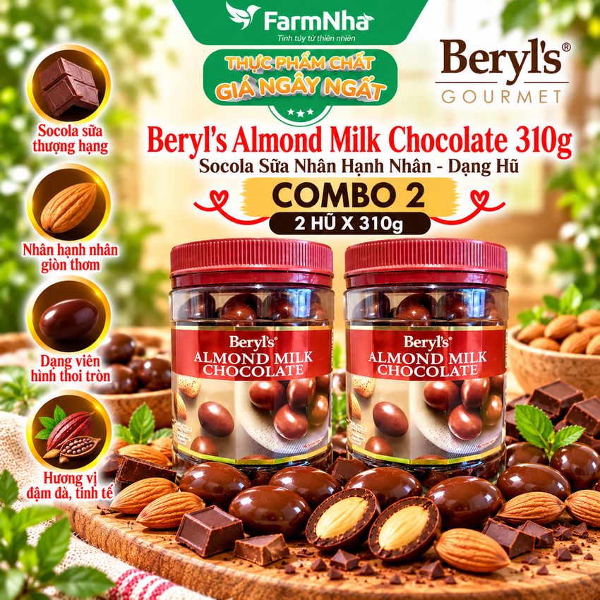 (Combo 2) Sôcôla Beryls Almond Milk Chocolate 310g - Socola Sữa và Hạnh Nhân Thơm Ngon Béo Ngậy