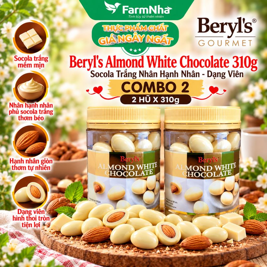 (Combo 2) Sôcôla Beryls Almond White Chocolate 310g - Hương vị Sô cô la Trắng và Hạnh Nhân Tuyệt Vời