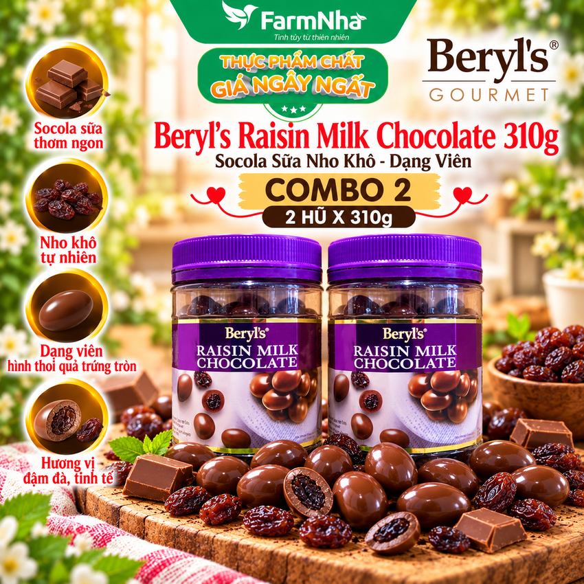 (Combo 2) Sôcôla Beryls Raisin Milk Chocolate 310gr - Sôcôla Sữa Hảo Hạng nhân Nho Khô Tuyệt Hảo