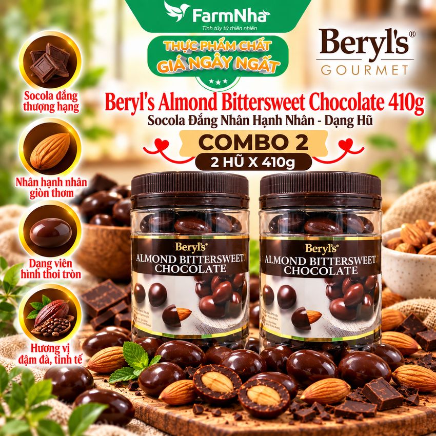 (Combo 2) Sôcôla Beryls Almond Bittersweet 410g - Vị Ngọt Ngào, Thơm Béo với Bột Sữa Nguyên Kem