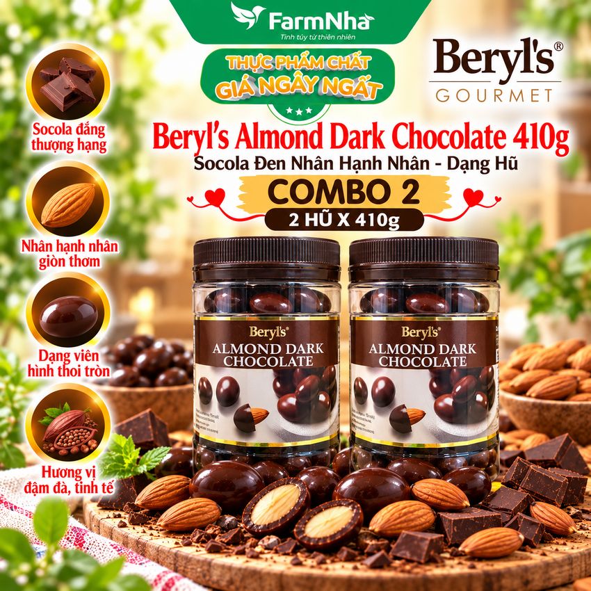 (Combo 2) Socola Beryls Almond Dark Chocolate 410gr - Sôcôla Đen Hảo Hạng và Hạnh Nhân Giòn Ngon Thơm Lừng