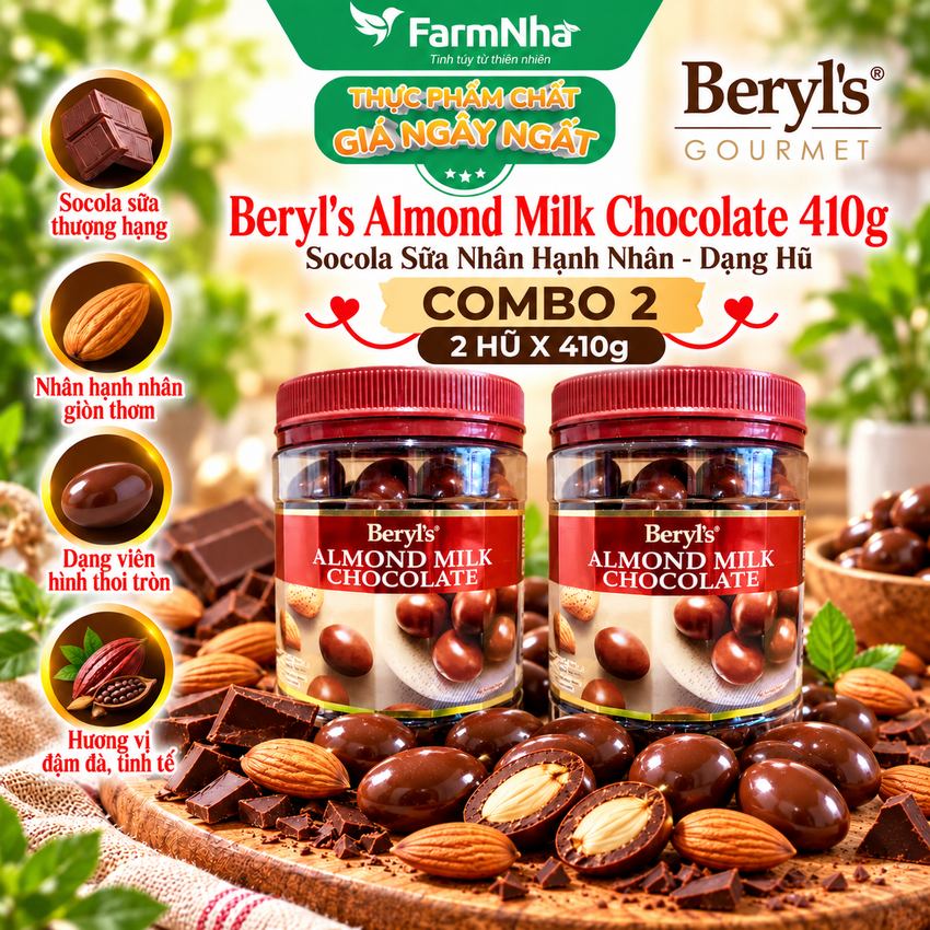 (Combo 2) Sôcôla Beryls Almond Milk Chocolate 410g - Socola Sữa và Hạnh Nhân Thơm Ngon Béo Ngậy