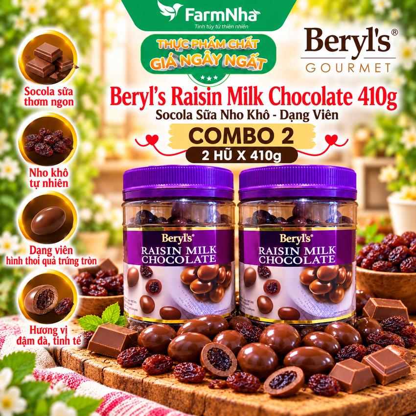 (Combo 2) Sôcôla Beryls Raisin Milk Chocolate 410gr - Sôcôla Sữa Hảo Hạng nhân Nho Khô Tuyệt Hảo