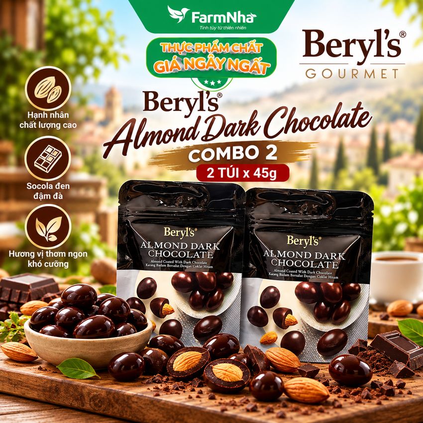 (Combo 2) Sô cô la Beryls Almond Dark Chocolate 45g: Sự Kết Hợp Hoàn Hảo Giữa Hạnh Nhân và Sô Cô La Đen