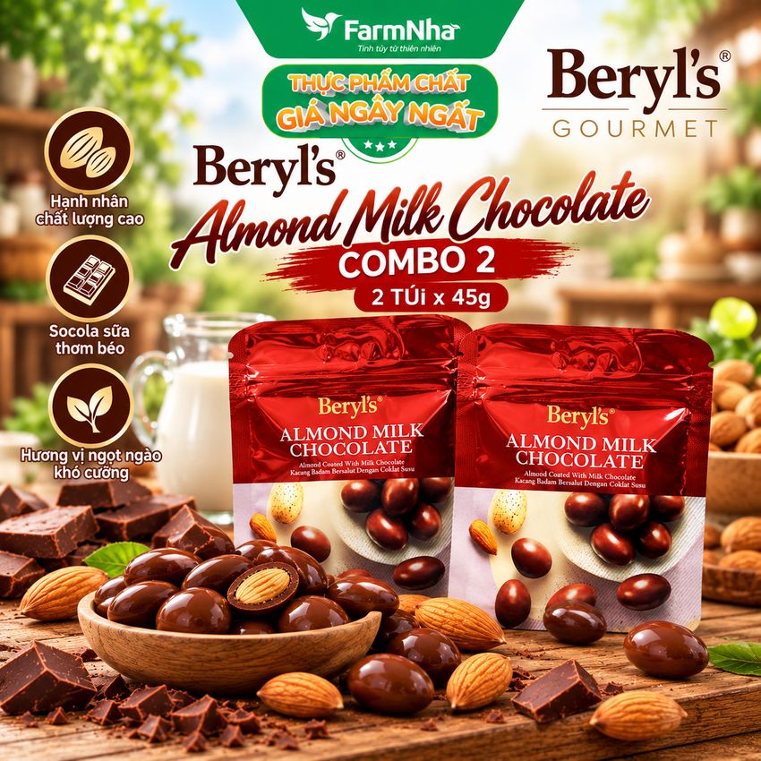 (Combo 2) Sô cô la Beryls Almond Milk Chocolate 45g: Sự Kết Hợp Hoàn Hảo Giữa Sô Cô La Sữa và Hạnh Nhân
