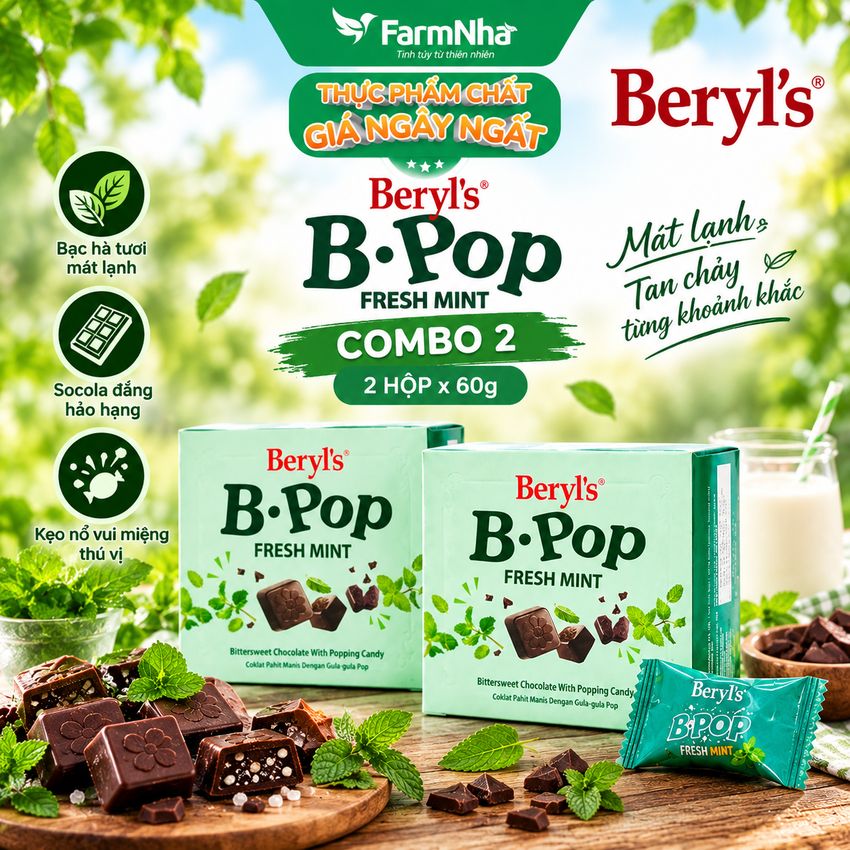 (Combo 2) Socola Beryls B.Pop Fresh Mint 50g - Hương vị Bittersweet Chocolate & Bạc Hà Mát Lạnh