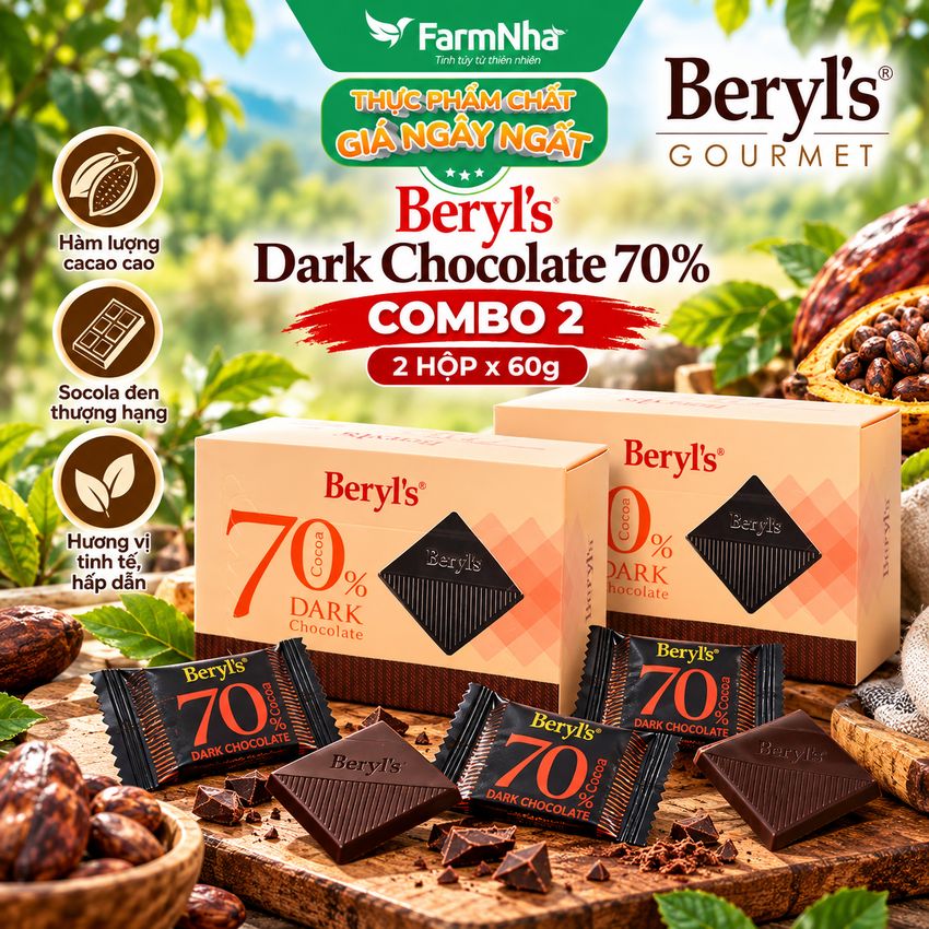 (Combo 2) Socola Beryls 70% Cocoa Dark 60g - Thưởng Thức Hương Vị Sôcôla Thơm Ngon Tuyệt Hảo