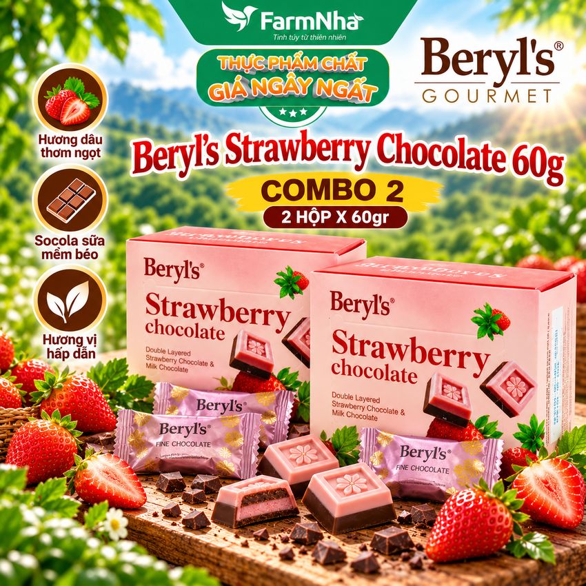 (Combo 2) Socola Beryls Strawberry 60g - Lớp Dâu Chua Ngọt Kết Hợp Socola Sữa