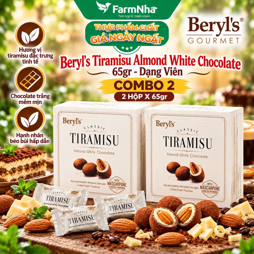 (Combo 2) Socola Beryls Tiramisu Almond White Chocolate 65g - Socola Trắng và Hạnh Nhân Béo Ngậy