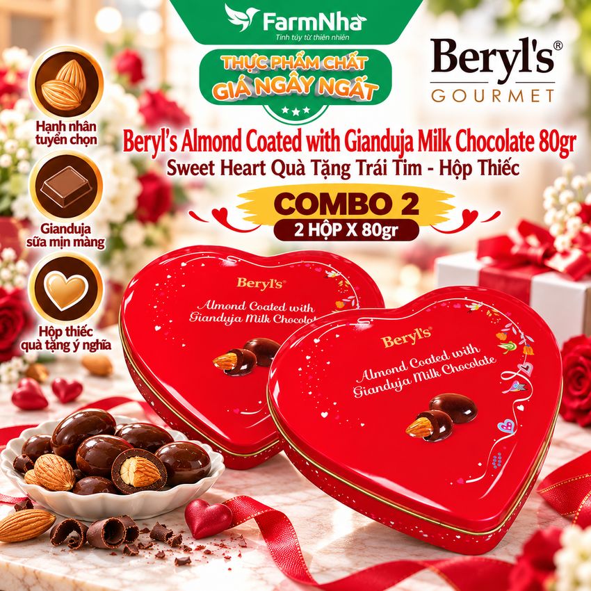 (Combo 2) Socola Beryls Almond Gianduja Milk Chocolate 80g Trái Tim – Ngọt Ngào và Yêu Thương