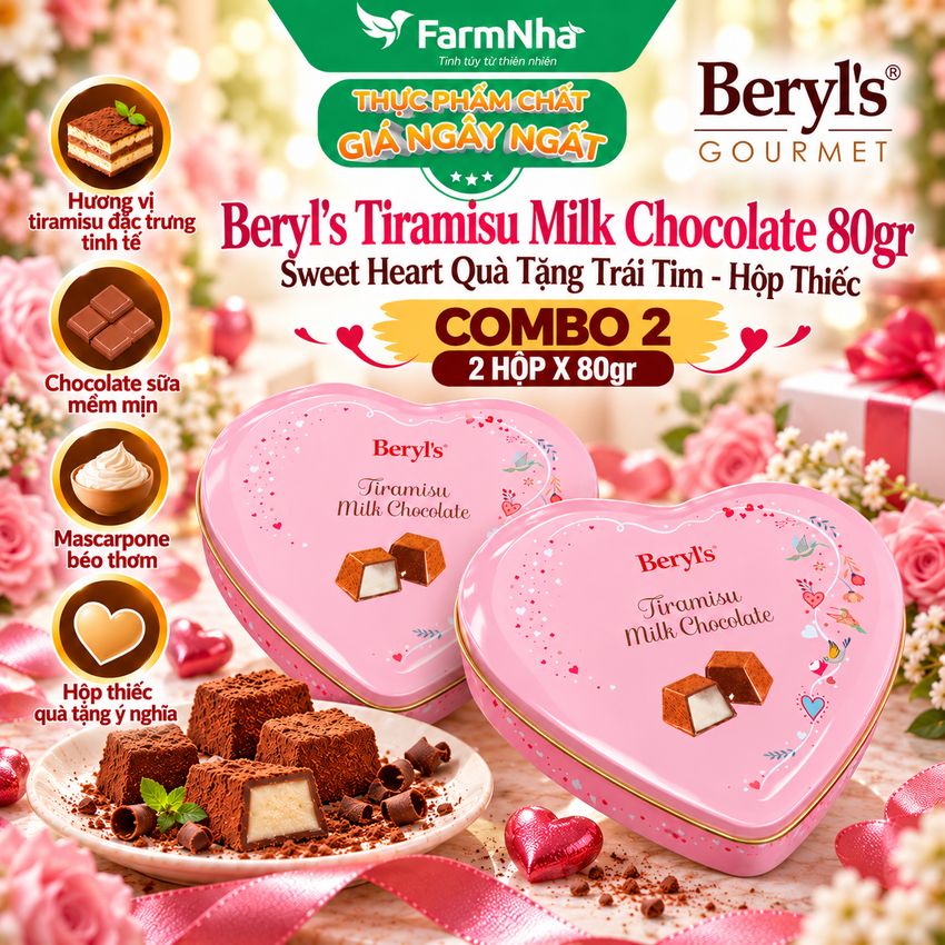 (Combo 2) Socola Beryls Tira Milk Chocolate 80g Hộp Trái Tim – Ngọt Ngào và Yêu Thương