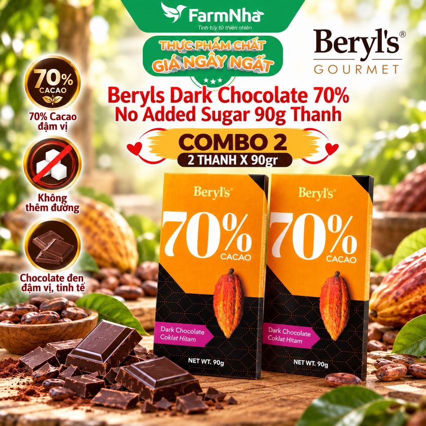(Combo 2) Sô cô la Beryls No Added Sugar Dark 70% Chocolate 90g: Lựa Chọn Tinh Tế Cho Người Yêu Sô Cô La
