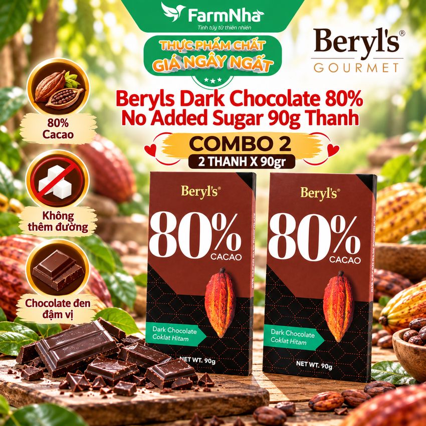 (Combo 2) Sô cô la Beryls No Added Sugar Dark 80% Chocolate 90g : Sự Lựa Chọn Hoàn Hảo Cho Người Yêu Thích Sô Cô La Đậm Đà