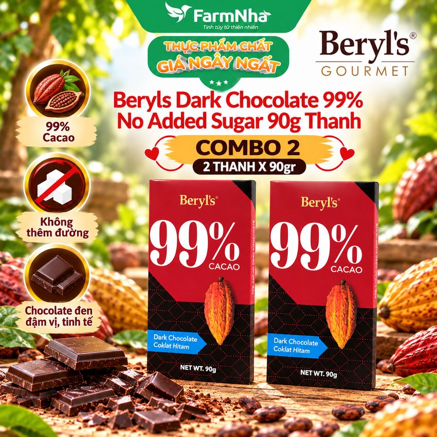 (Combo 2) Sô cô la Beryls No Added Sugar Dark 99% Chocolate 90g : Sô Cô La Nguyên Chất Không Đường Tinh Tế