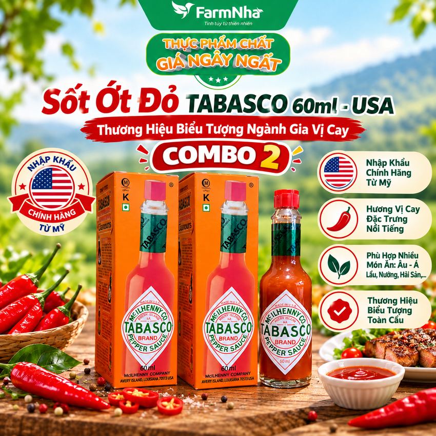 (Combo 2) Sốt ớt đỏ Tabasco Pepper Sauce 60ml – Sốt Ớt Chua Cay Trứ Danh từ Mỹ 