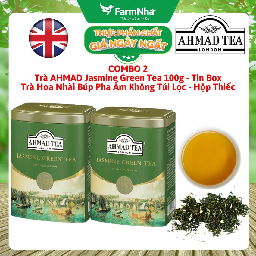 (Combo 2) Trà Ahmad Jasmine Tea 100g Hộp Thiếc Pha Ấm - Trà Xanh Hoa Nhài Tinh Khiết và Thăng Hoa 
