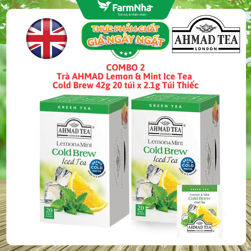 (Combo 2) Trà Ahmad Tea Lemon & Mint Iced Tea Cold Brew 42g 20túix2.1g Túi thiếc – Chanh Bạc Hà Tươi Mát & Sảng Khoái
