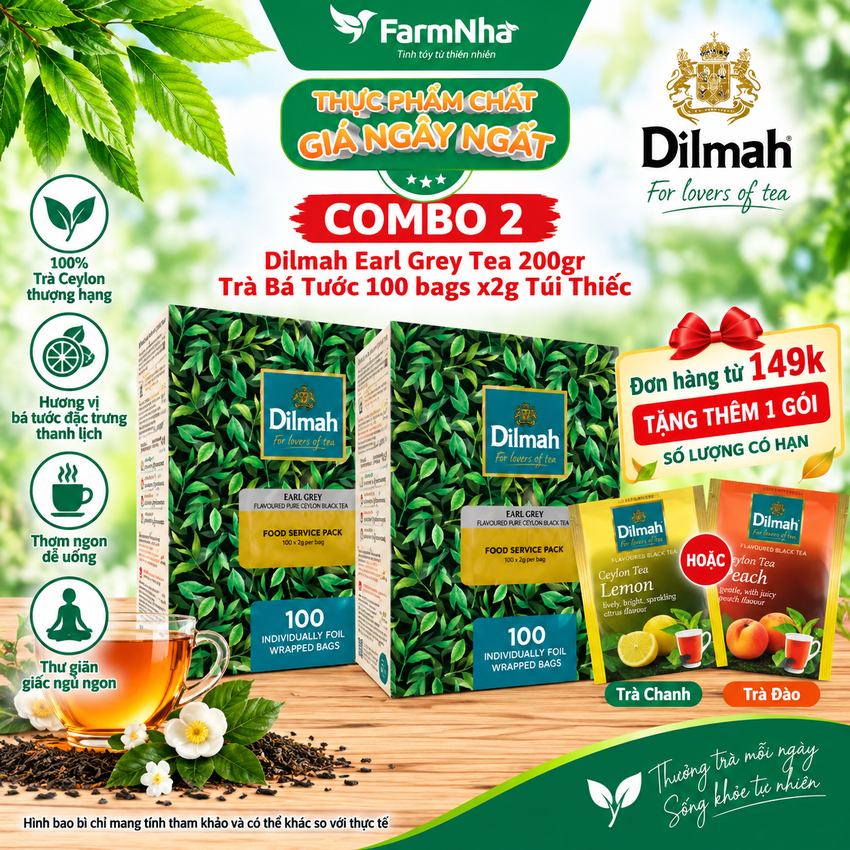 (Combo 2) Trà Dilmah Earl Grey Flavoured Pure Ceylon Black Tea 200g 100x2g Túi Thiếc - Tinh Hoa Trà Bá Tước