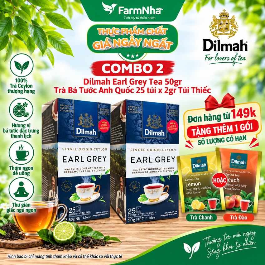 (Combo 2) Trà Dilmah Earl Grey Single Origin Ceylon Tea 50g 25x2g Túi Thiếc - Tinh Hoa Trà Bá Tước