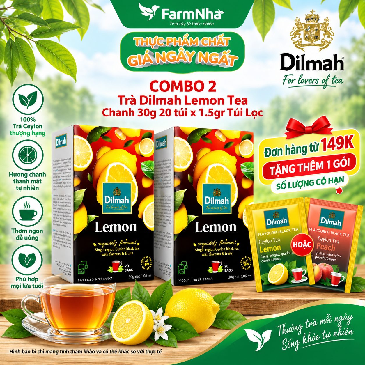 (Combo 2) Trà Dilmah Lemon 30g túi lọc 20 x 1.5g - Hương vị trà chanh tươi mát và nguyên chất, tinh hoa trà Sri Lanka