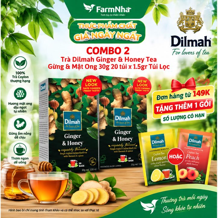 (Combo 2) Trà Dilmah Ginger & Honey vị Gừng và mật ong túi lọc 30g 20 túi x 1.5g - Tinh hoa trà Sri Lanka