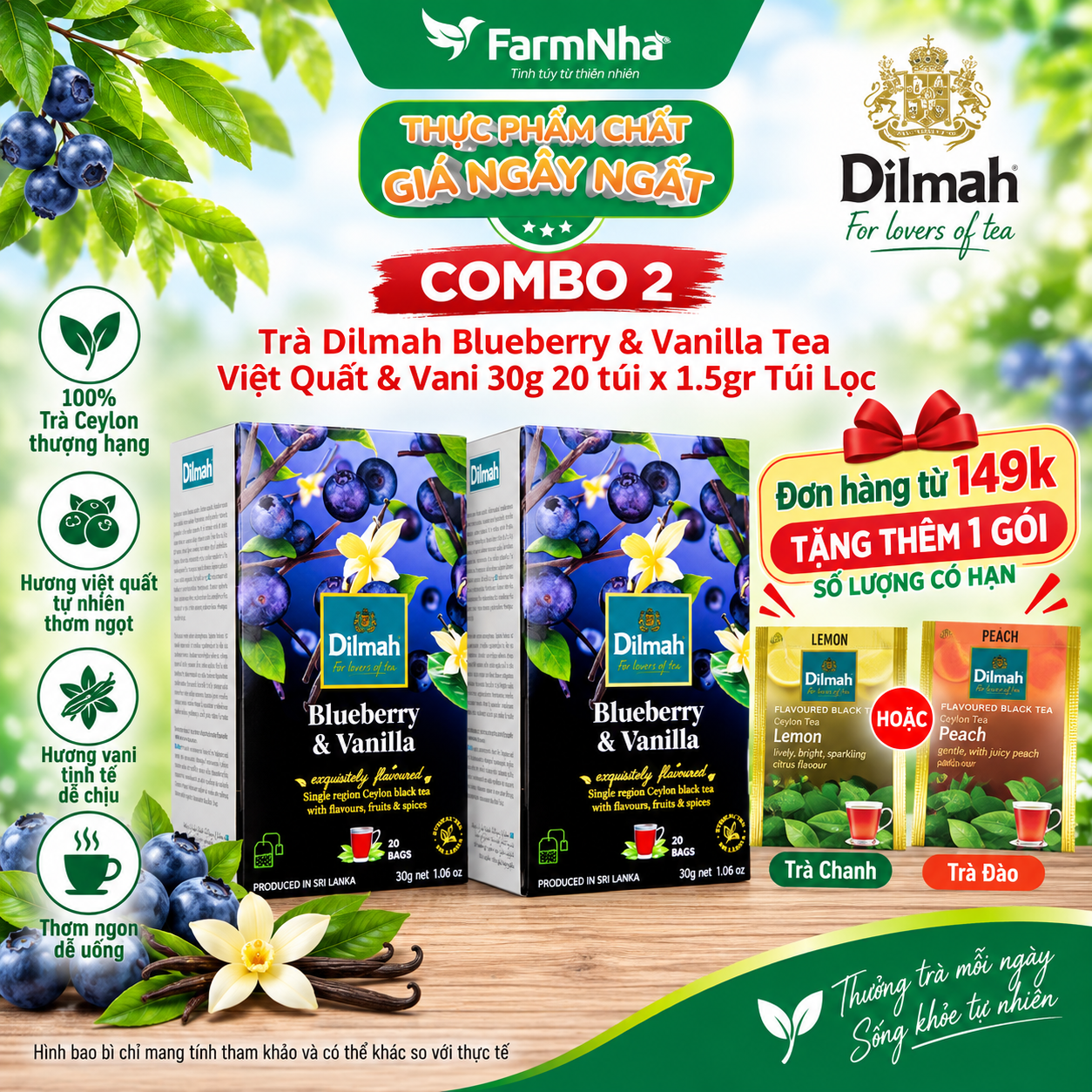 (Combo 2) Trà Dilmah Blueberry & Vanilla Hương việt quất & vanilla túi lọc 30g 20 túi x 1.5g - TInh hoa trà Sri Lanka