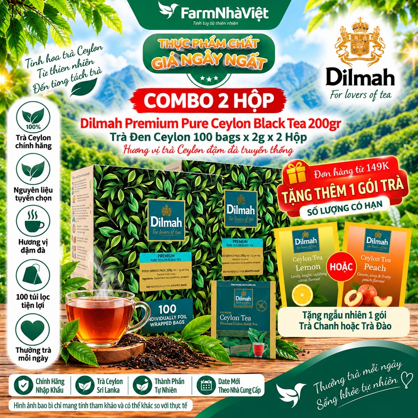 (Combo 2) Trà Dilmah Premium Pure Ceylon Black Tea 200g 100x2g Túi thiếc - Tinh hoa trà Sri Lanka