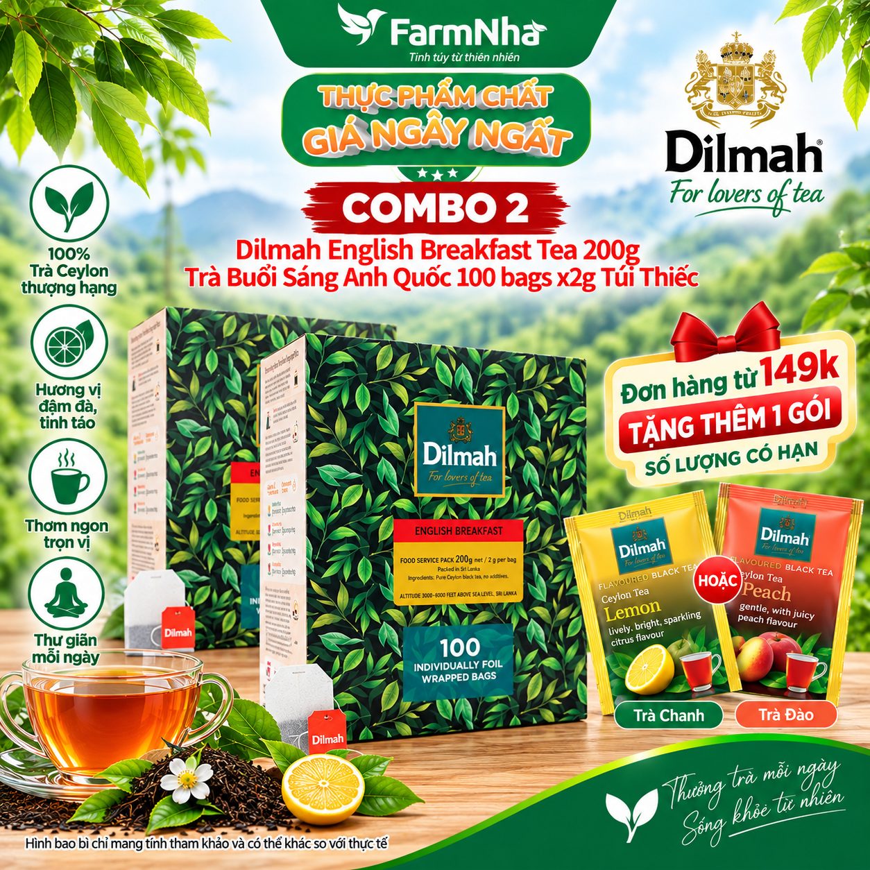 (Combo 2) Trà Dilmah English Breakfast Buổi Sáng Anh Quốc 200g 100 Túi x 2g Túi Bạc Riêng Biệt – Tuyệt vời để khởi đầu một ngày mới