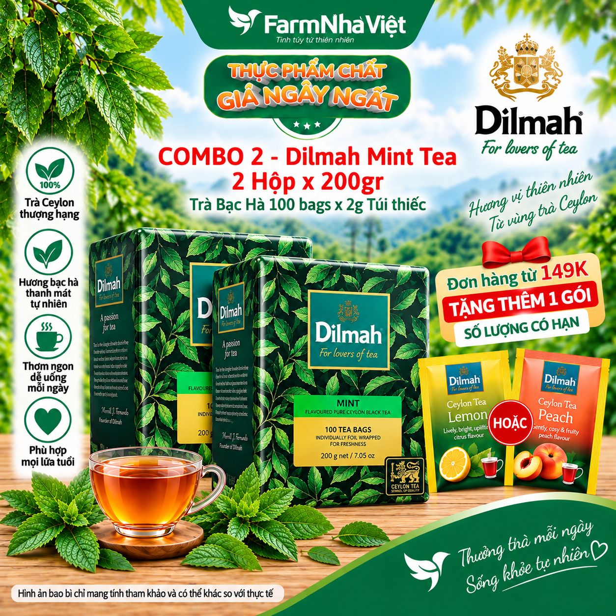 (Combo 2) Trà Dilmah Mint Hương Bạc Hà Túi Lọc 200g 100 Túi x 2g Túi Bạc Riêng Biệt - Hương Vị Tươi Mát, Thư Giãn Tuyệt Vời