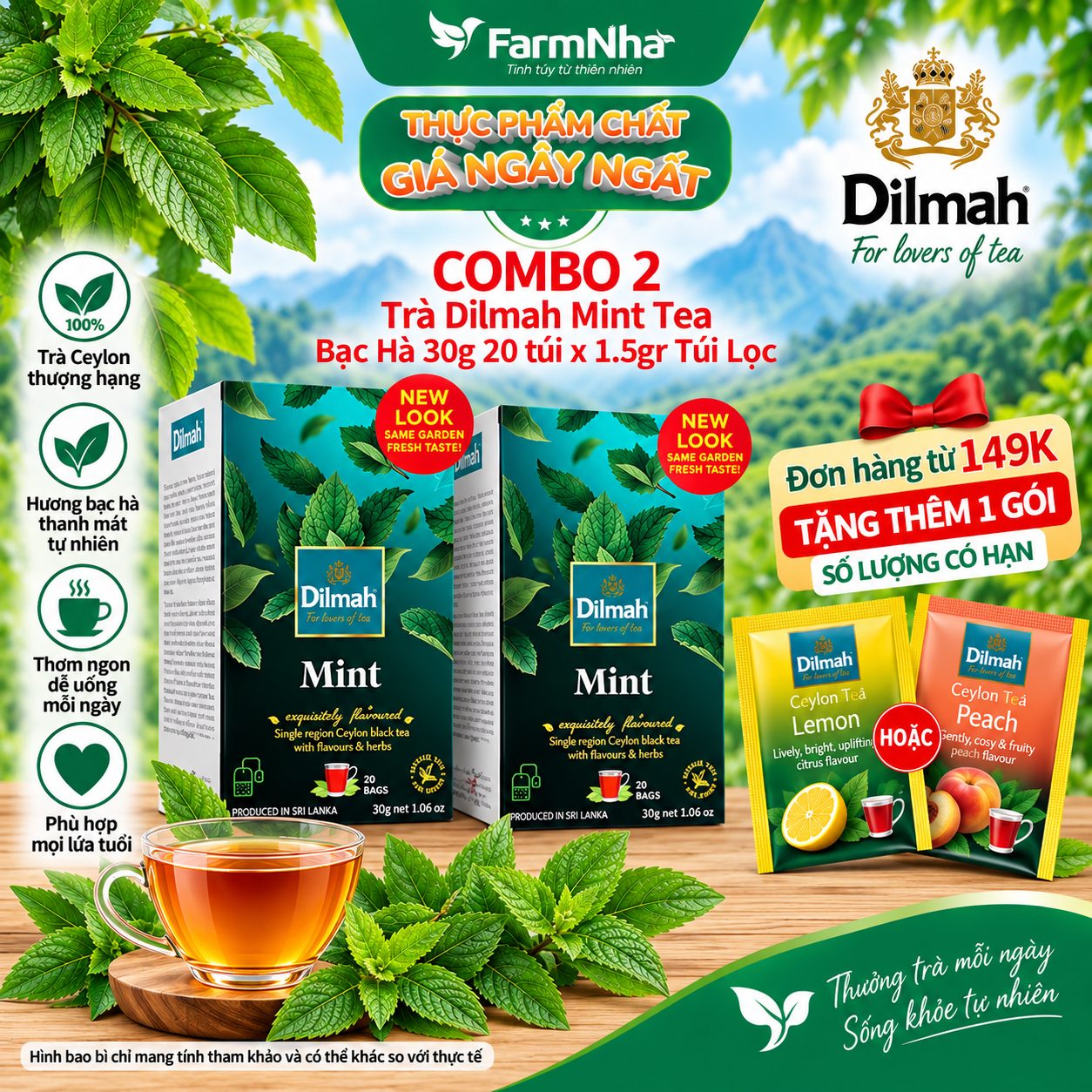 (Combo 2) Trà Dilmah Mint vị Bạc Hà túi lọc 30g 20 túi x 1.5g - Tinh hoa trà Sri Lanka