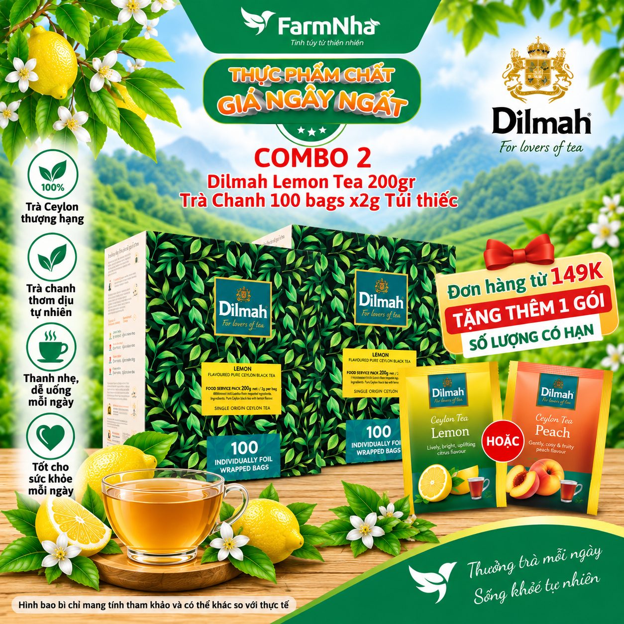 (Combo 2) Trà Dilmah Lemon hương Chanh 200g 100 túi x 2gr Túi Bạc Riêng Biệt - Vị trà chanh tươi mát và nguyên chất