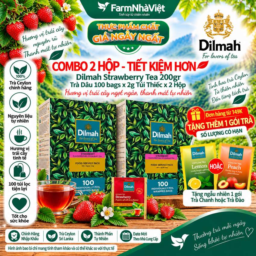 (Combo 2) Trà Dilmah Strawberry hương Dâu 200g 100 túi x 2g Túi Bạc Riêng Biệt - Hương Vị Dâu Tươi Ngọt Ngào