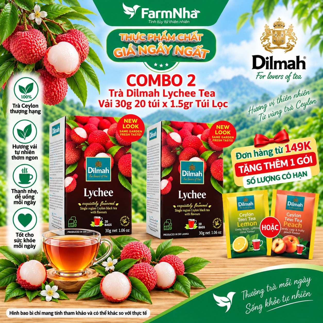 (Combo 2) Trà Dilmah Lychee Hương Vải túi lọc 30g 20 túi x 1.5g - Tinh hoa trà Sri Lanka