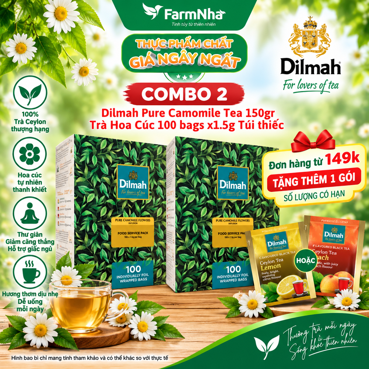 (Combo 2) Trà Dilmah Pure Camomile 150g 100 Túi x 1.5g Túi Bạc Riêng Biệt – Thảo Dược Hoa Cúc Thư Giãn và Cải Thiện Giấc Ngủ
