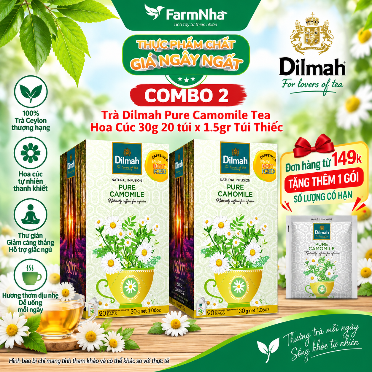 (Combo 2) Trà Dilmah Pure Camomile 30g 20 Túix1.5g Túi Bạc Riêng Biệt – Thảo Dược Hoa Cúc Thư Giãn Tinh Thần