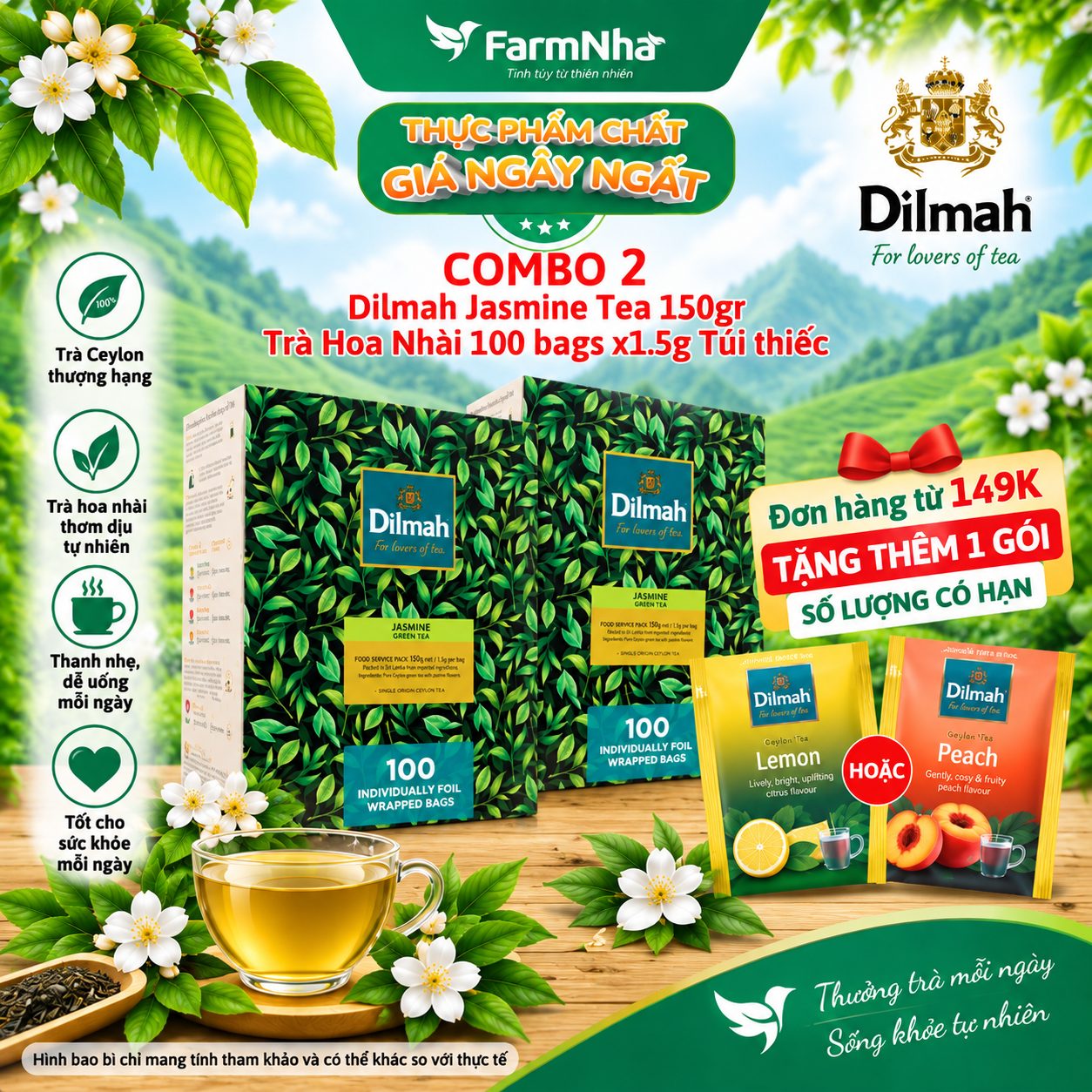 (Combo 2) Trà Dilmah Green Tea with Jasmine Petals Hoa Nhài 150g 100 Túi x 1.5g Túi Bạc Riêng Biệt - Hương Hoa Nhài Tự Nhiên Dịu Dàng và Tinh Khiết